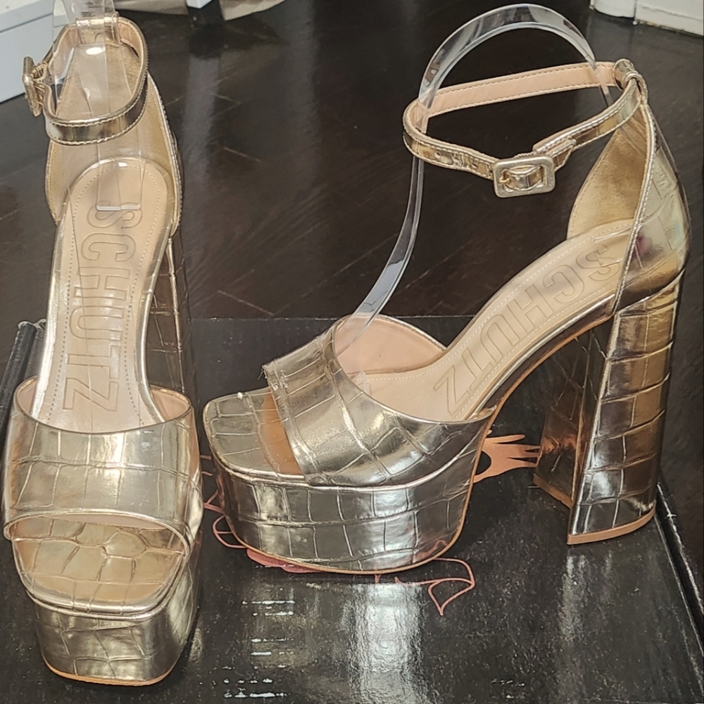 Schutz light gold platform heels